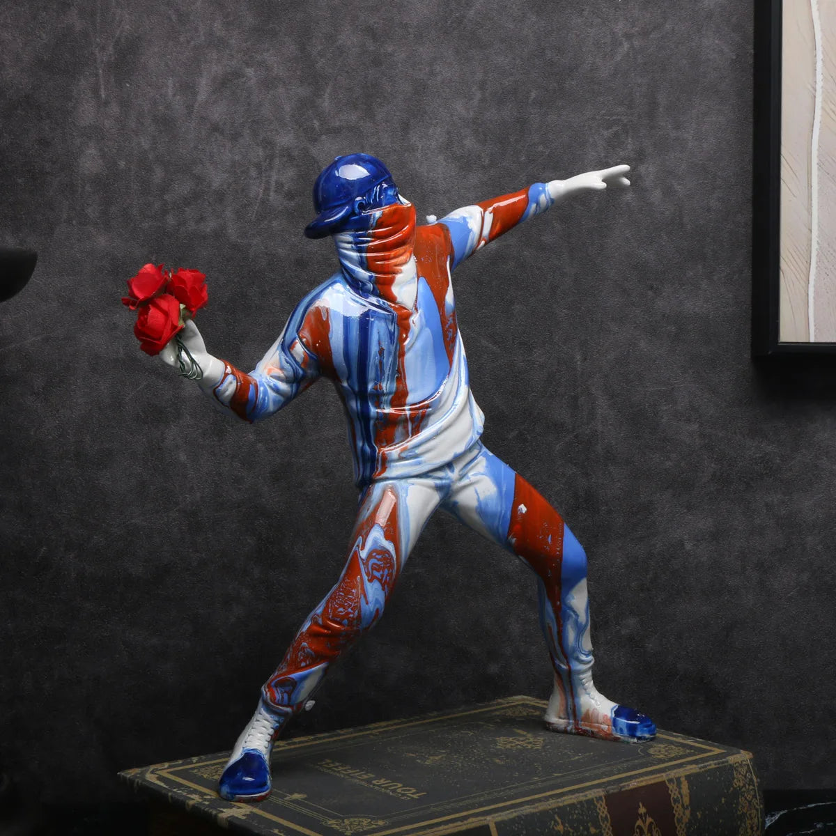 Banksy Colorful Balloon Man Throwing Flowers Sculpture
