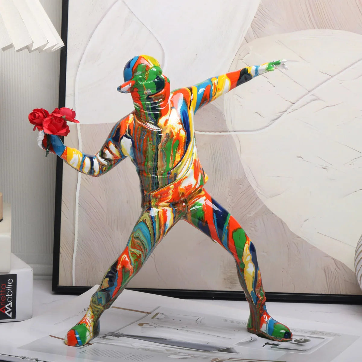 Banksy Colorful Balloon Man Throwing Flowers Sculpture