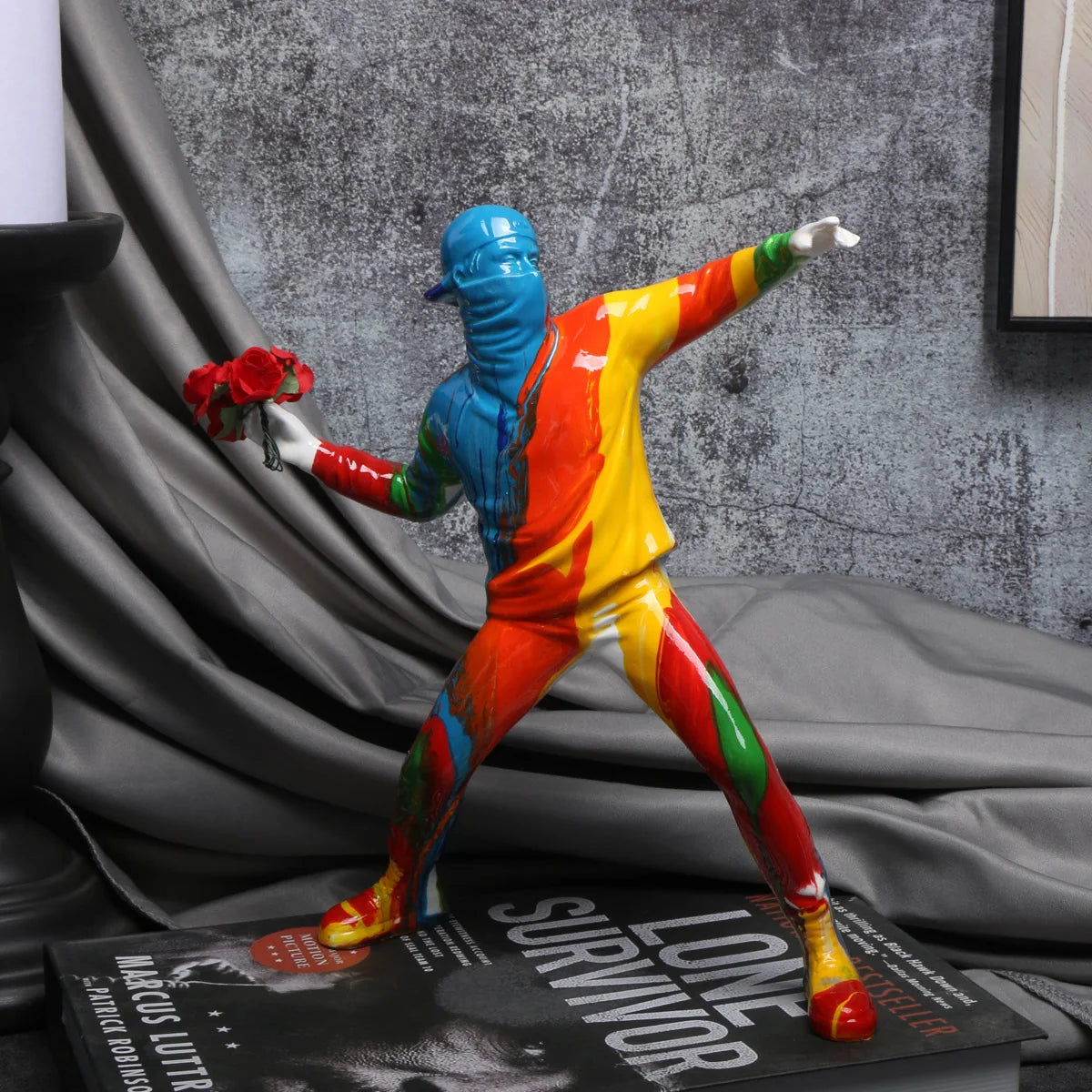 Banksy Colorful Balloon Man Throwing Flowers Sculpture