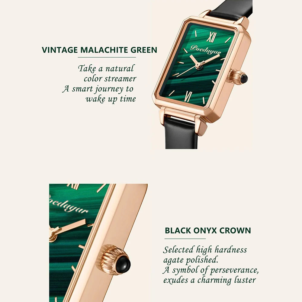 POEDAGAR Green Square Leather Quartz Waterproof Ladies Wristwatch