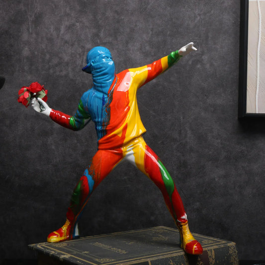 Banksy Colorful Balloon Man Throwing  Flowers Sculpture