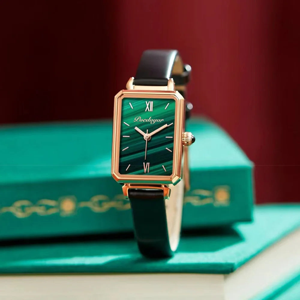 POEDAGAR Green Square Leather Quartz Waterproof Ladies Wristwatch