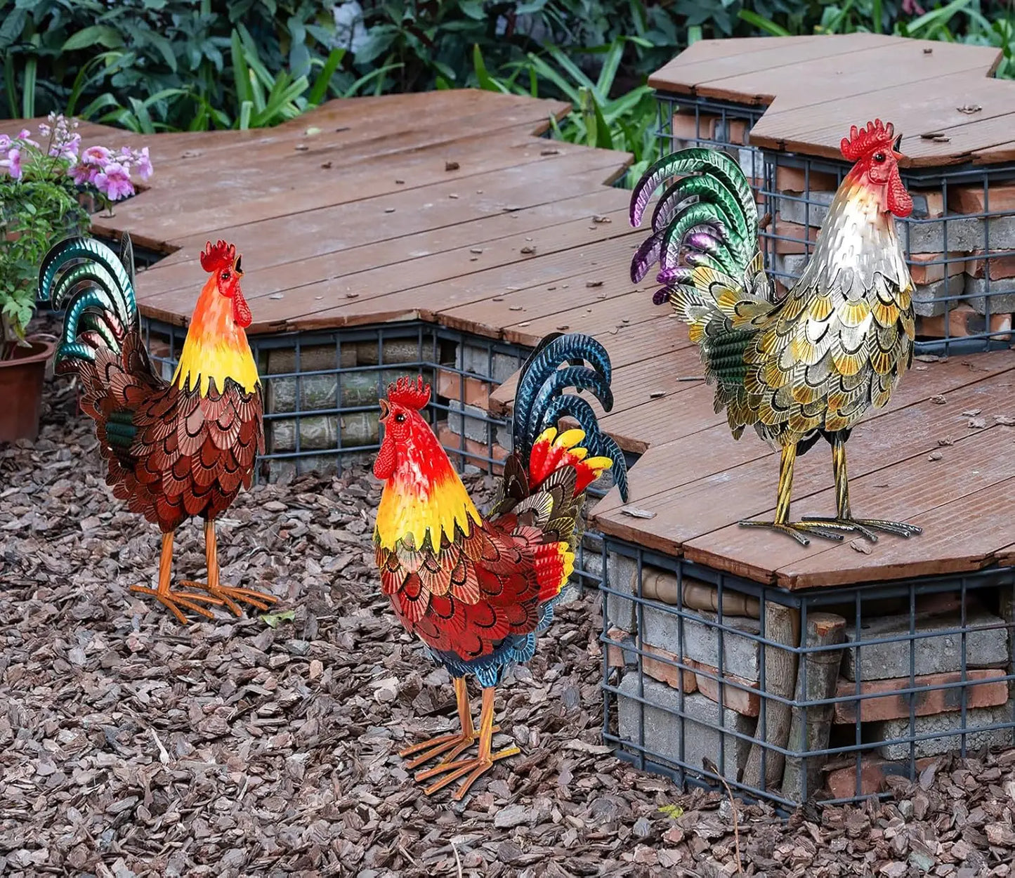 Metal Rooster Statues, Garden Chicken Decorations