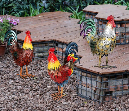 Metal Rooster Statues, Garden Chicken Decorations