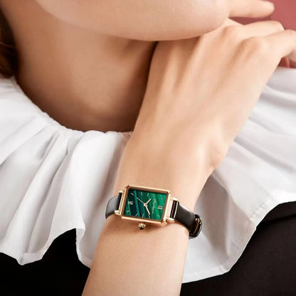 POEDAGAR Green Square Leather Quartz Waterproof Ladies Wristwatch