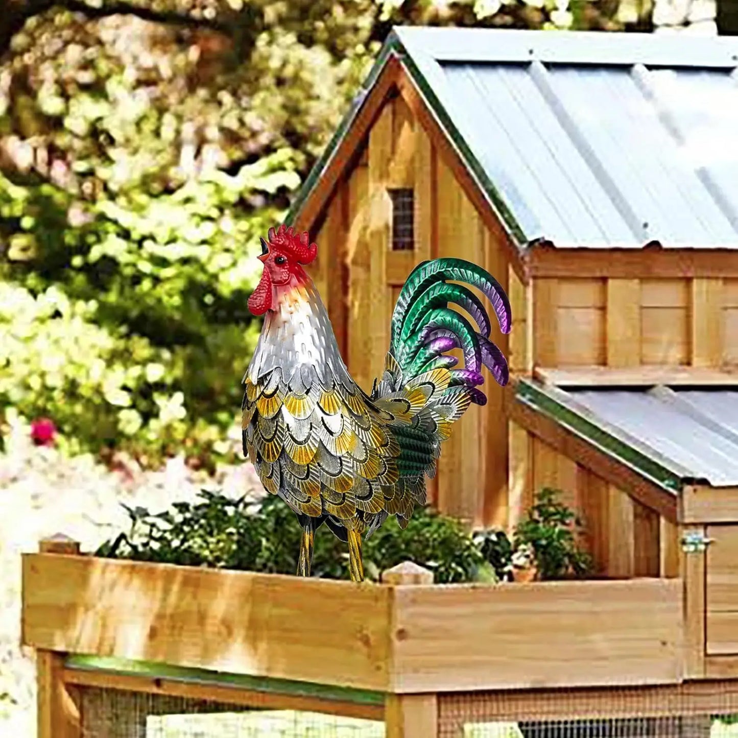 Metal Rooster Statues, Garden Chicken Decorations
